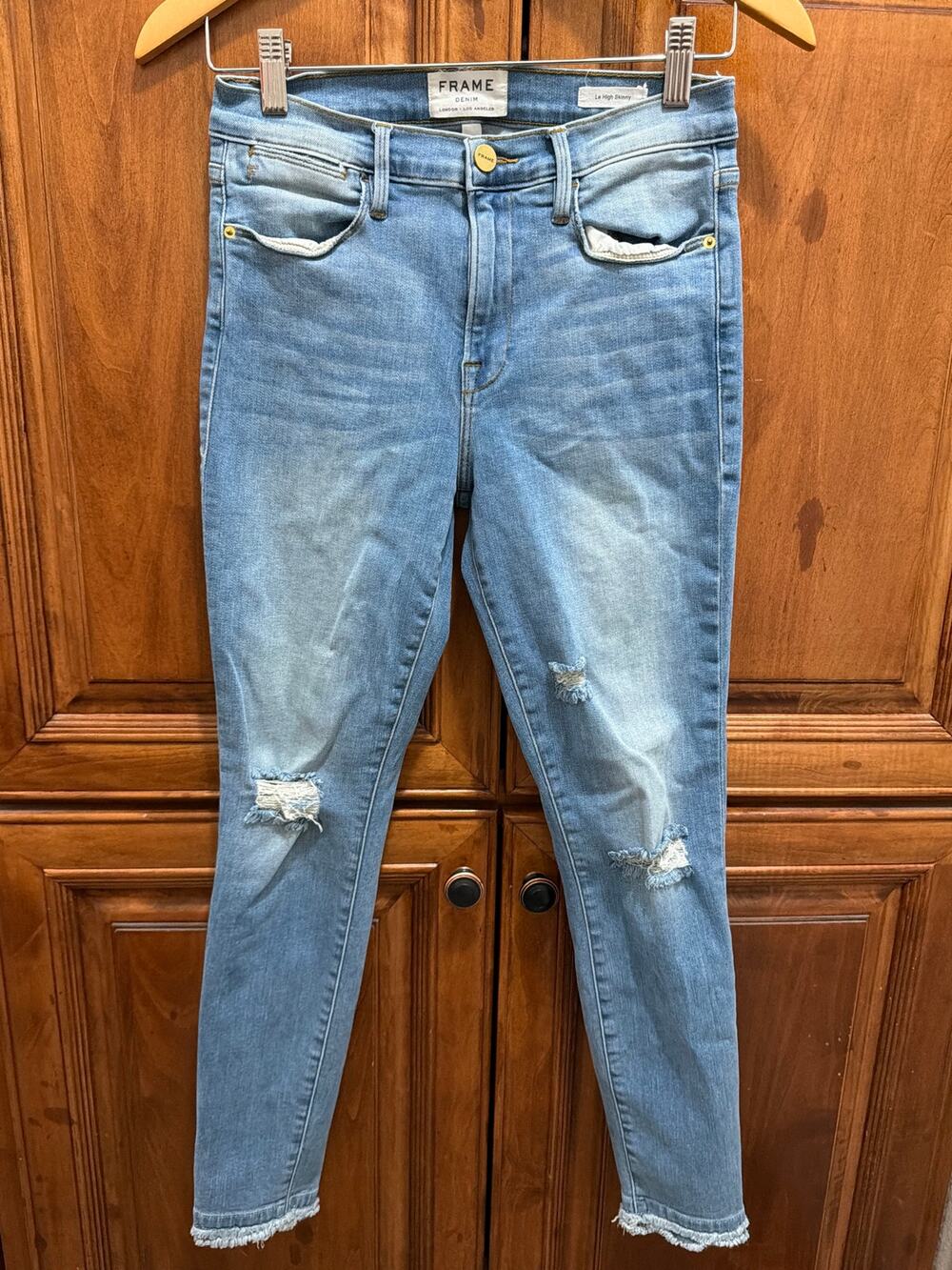 FRAME Le High ‘MORTON’ Skinny Light-Wash Distressed Denim Jeans, 27